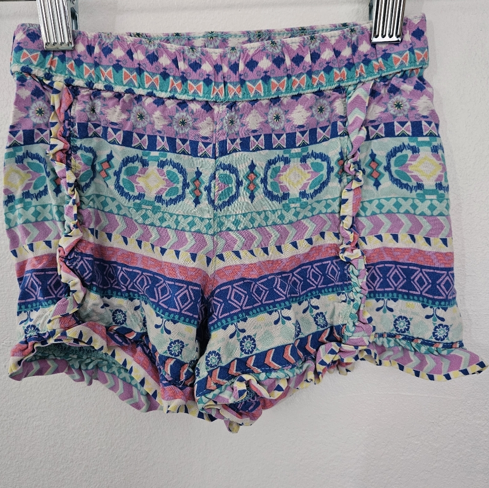 365 Kids from Garanimals Girls Purple Teal Tribal Print Ruffle Shorts Size 4